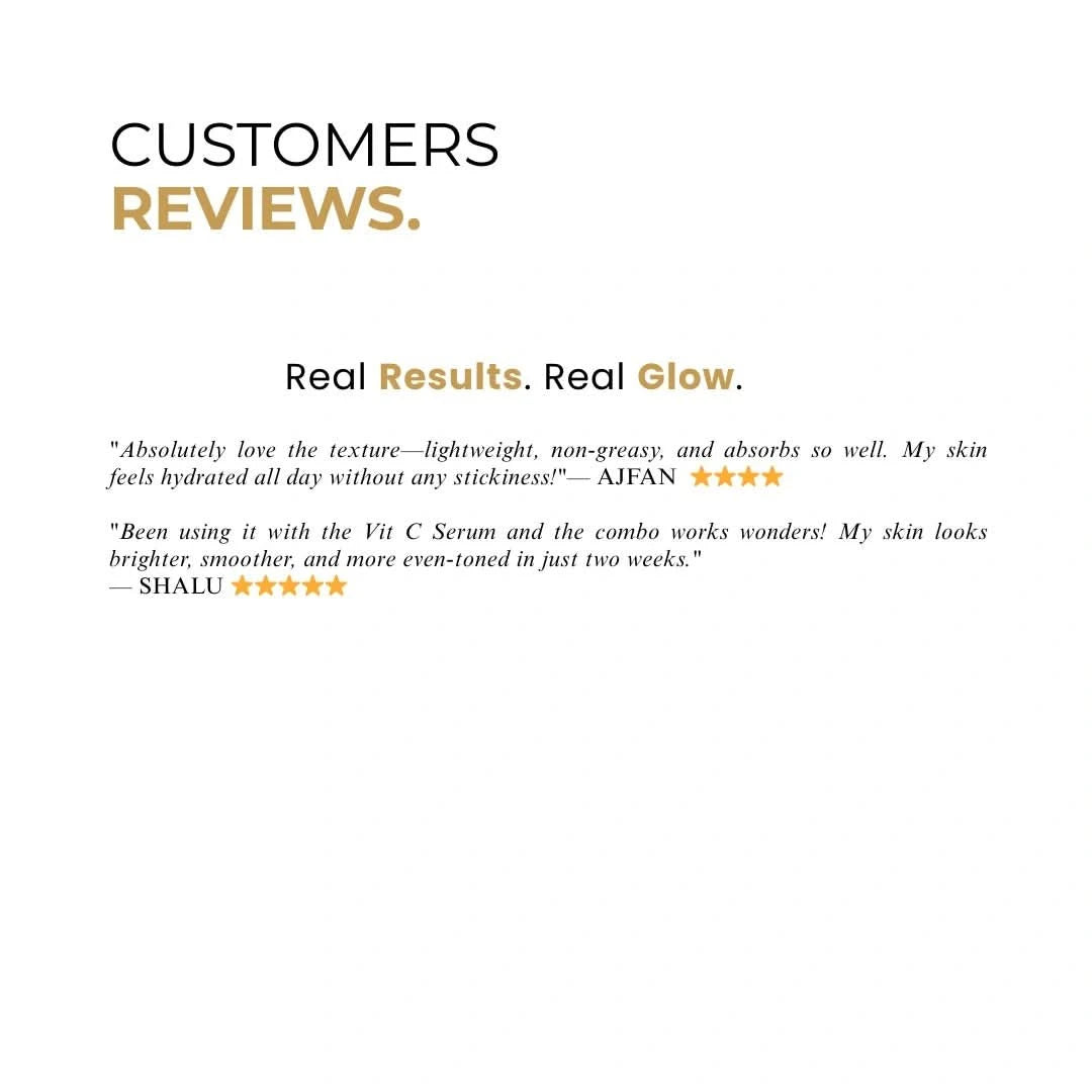 Customer reviews showcasing positive feedback on Vitamin C Moisturizer results and hydration benefits.