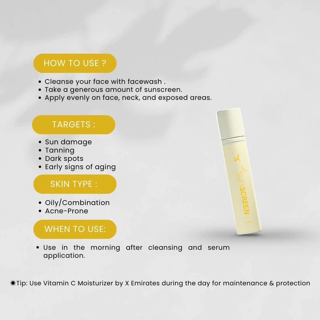 Instructions for Sunscreen + Moisturizer: cleanse, apply on face/neck for sun protection and hydration.